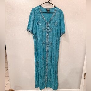 Vtg 90s Maggie Barnes Blue Embroidered Maxi Dress Made In India Rayon 0X Fairy